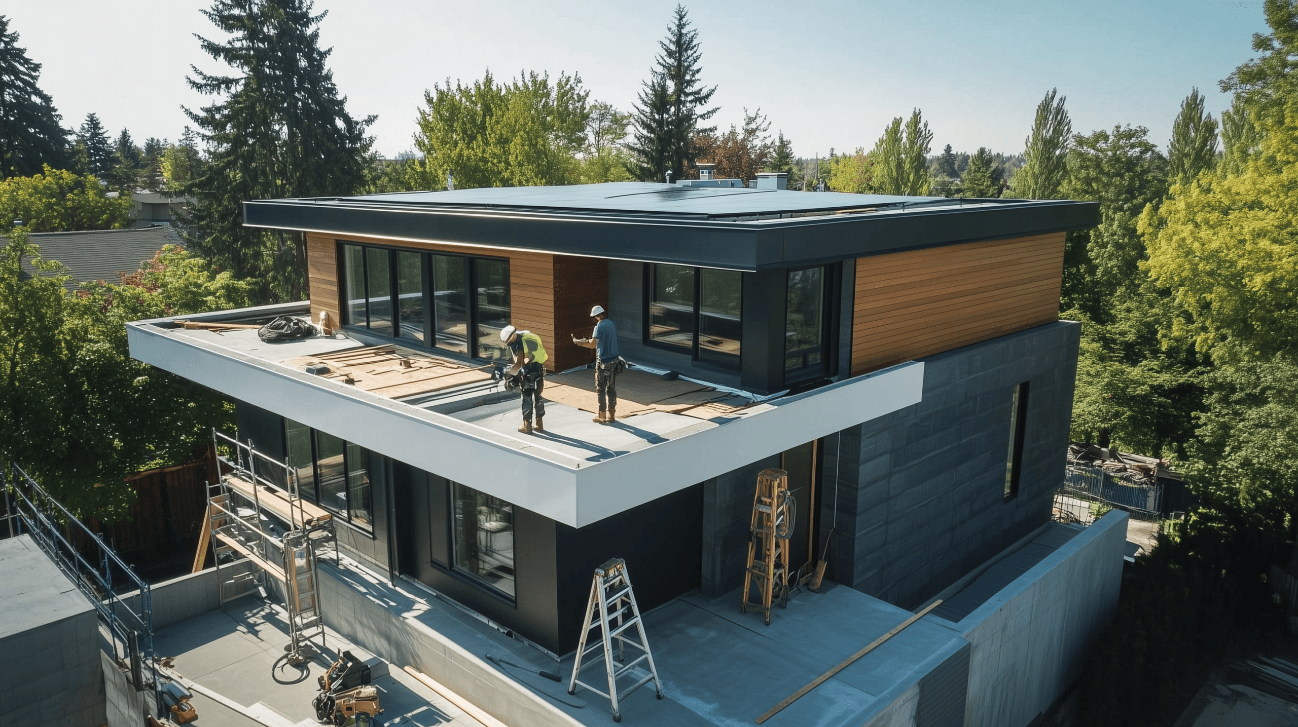 Two workers on the roof of a modern two-story house, utilizing advanced roofing technologies, surrounded by trees and scaffolding.