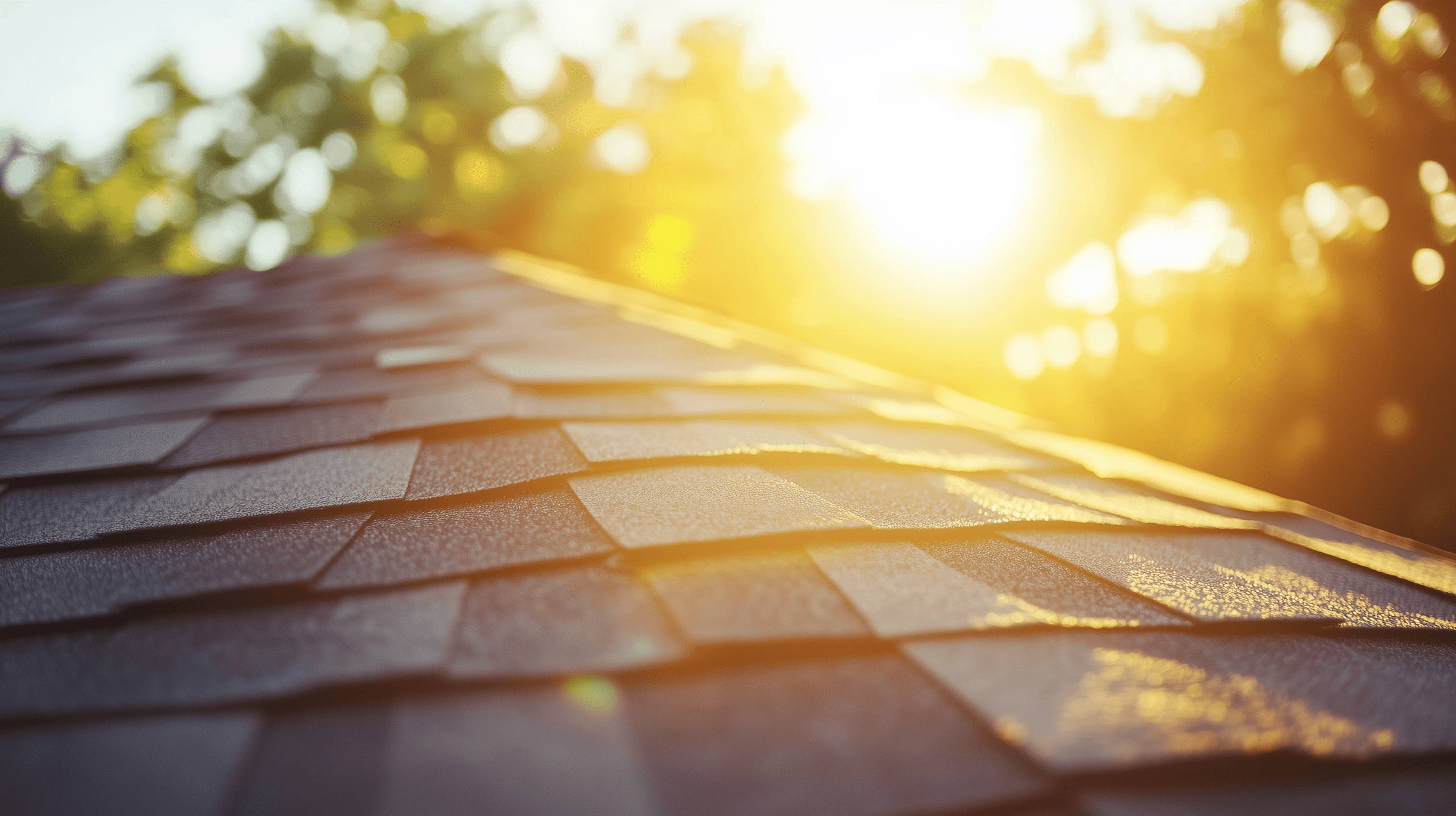 Close-up of a rooftop with brown shingles under Colorado sun exposure, with sunlight and blurred green trees in the background.